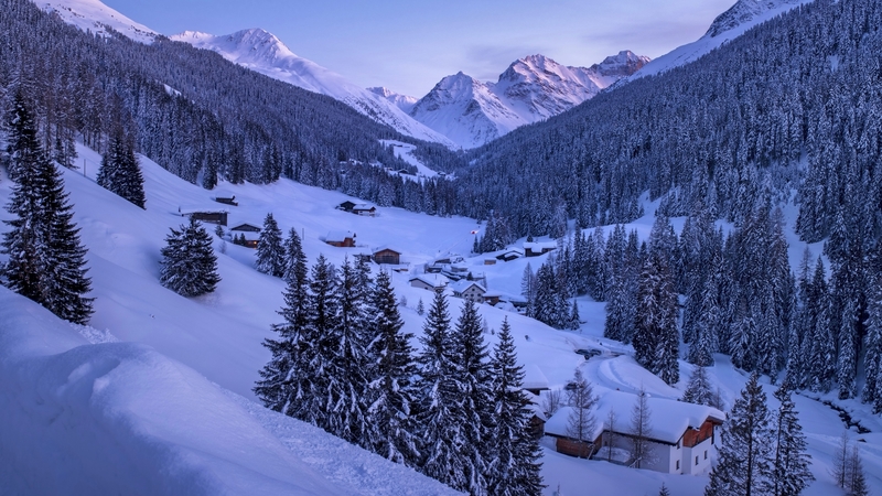 forest, mountain, snow, houses, slope, village, beautiful, winter