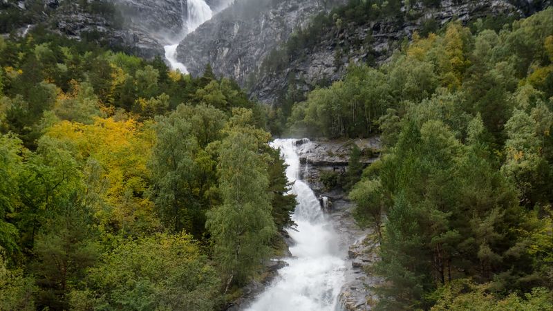 waterfall, rocks, landscape, trees, 4k