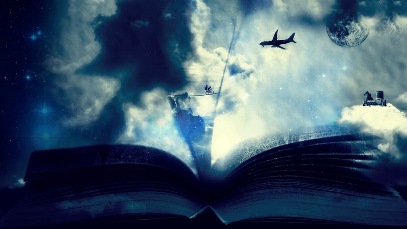 book, clouds, fantasy, bicycle, airplane, 4k