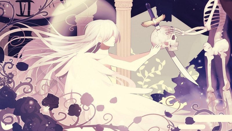 skeleton, wing, flower petals, anime, flowers, vines, weapon, skull, sword