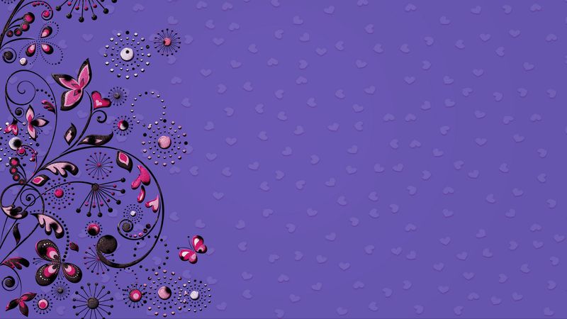 patterns, flowers, butterflies, hearts, purple, 4k