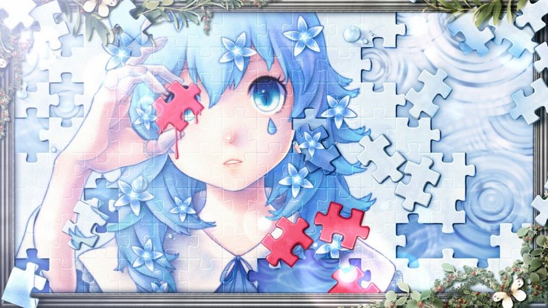 beautiful, woman, sweet, anime, flowers, beauty, anime girl, long hair, blue, art, female, lovely, black, puzzle, cute, girl, blue hair, lady, white