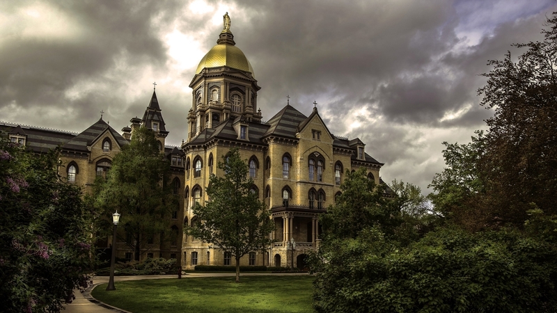 building, university, trees, notre dame, clouds