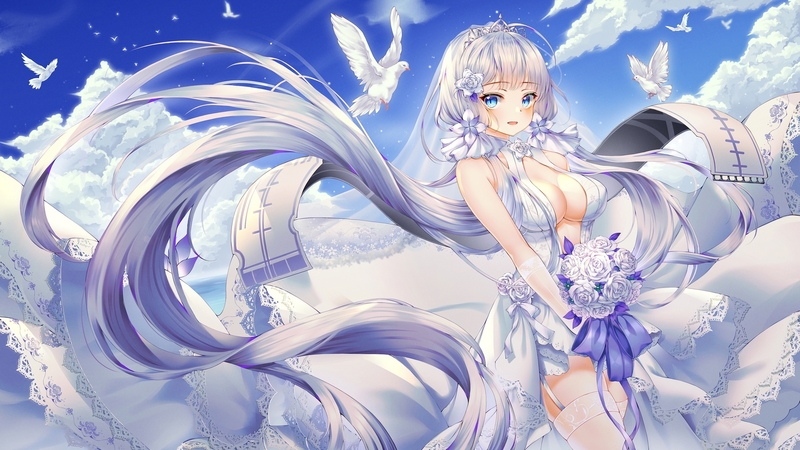 anime, bride, manga, dove, white, blue, bird, girl, bouquet, flower