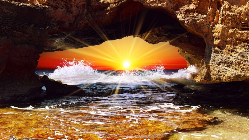 rocks, ocean, waves, nature, sunset