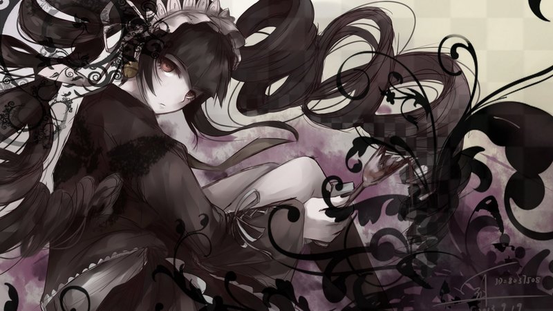 pretty, dress, black, beautiful, cute, girl, anime, dark, grey, flowers, beauty, white, long hair
