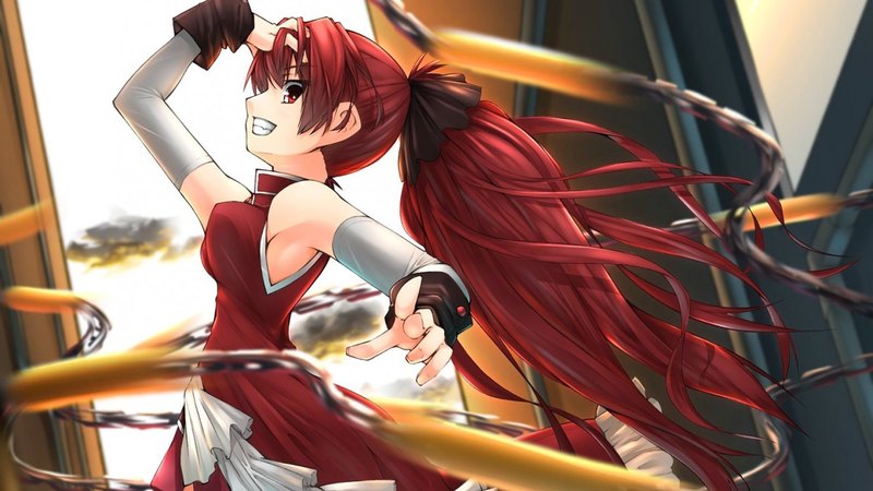 original, red dress, fighter, red hair, sexy, puella magi madoka magica, girl, anime, sakura kyouko, long hair, red eyes