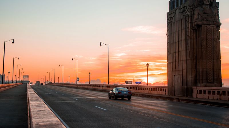 car, traffic, bridge, sunset, cleveland, ohio, united states, 4k