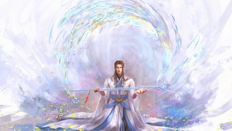 fantasy, phoenix, luminos, man, white, blue, art, yankong bu, kimono, asian