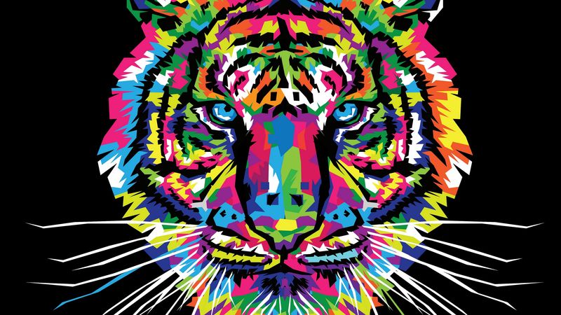 tiger, art, multicolored, ornament, vector, 4k