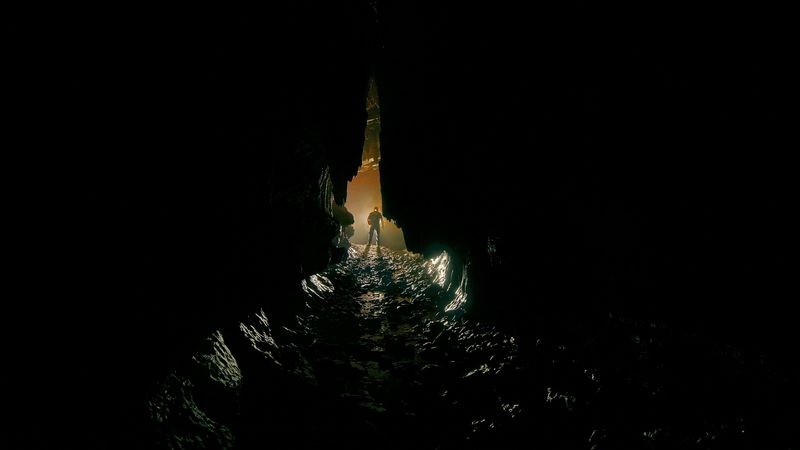 cave, man, silhouette, loneliness, river, 4k
