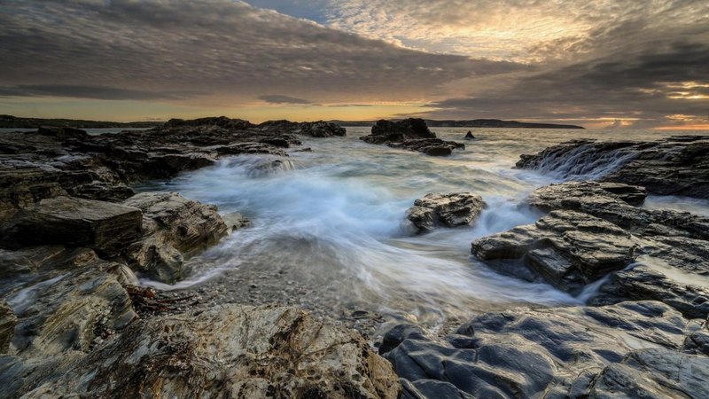rocks, sundown, shore, waves, sea