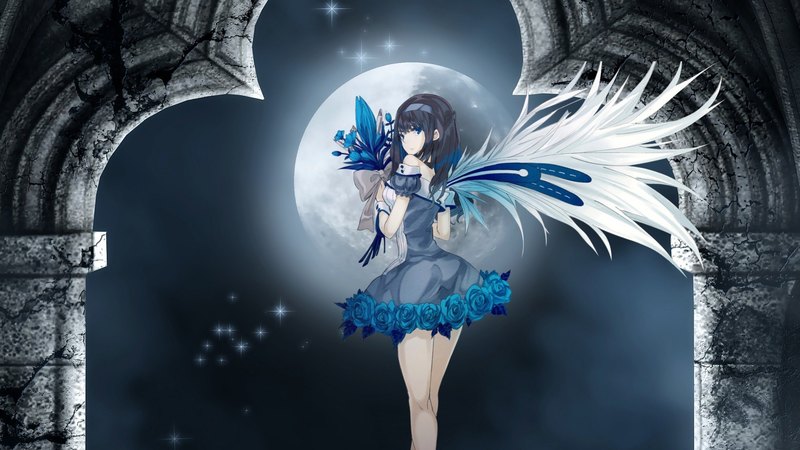 pretty, dress, hd, angel, hq, roses, cute, moon, girl, anime, flowers, blue
