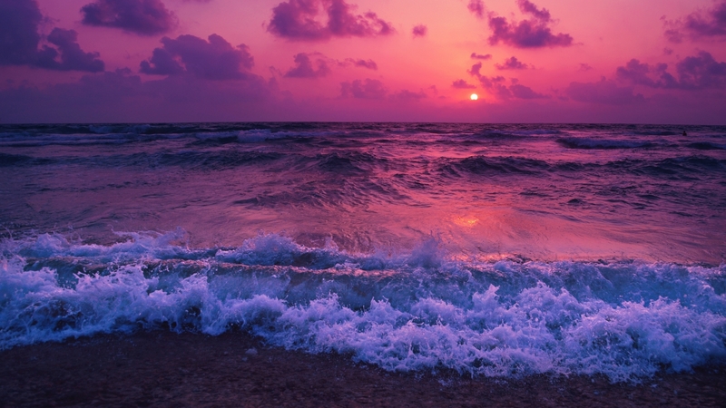 ocean, refection, waves, sunset, clouds, sky, colorful, horizon, beach, sand, nature