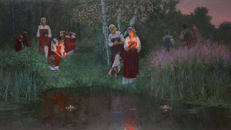 art, wreath, luminos, water, girl, painting, river, pictura, night