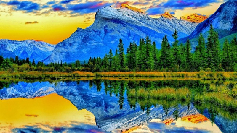 mountain, forest, hdr, reflection, clouds, lake, blue