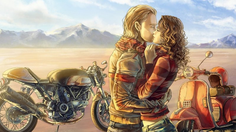 mountain, boy, girl, motorcycle