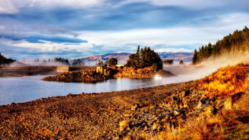 water, stones, trees, clouds, landscape