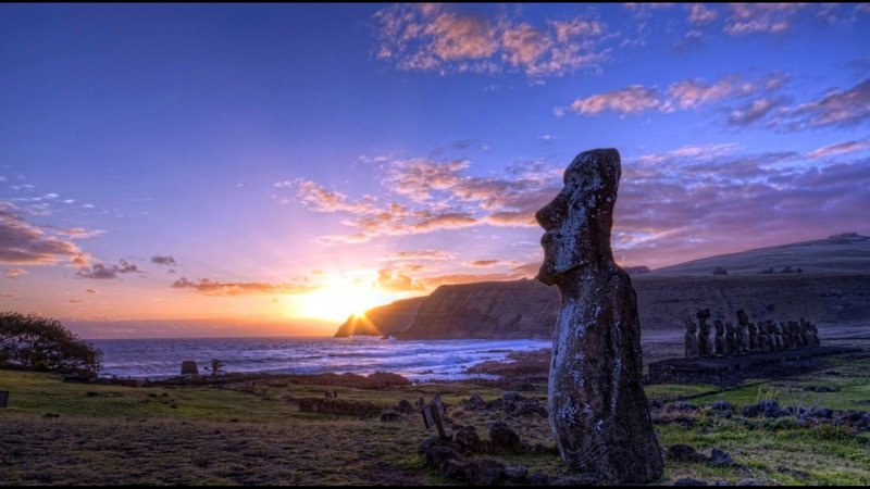 hills, beautiful, sunset, sky, moais, clouds, sea, beach, easter island, statues, chile, cliff, enigma