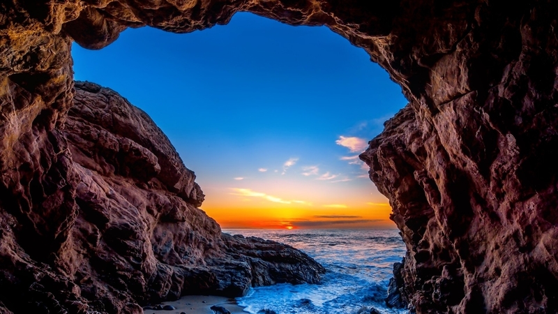 looking, cave, sea, skies, sand, ocean