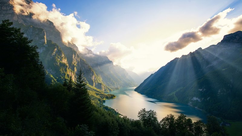 mountains, sunbeams, river, clouds, valley