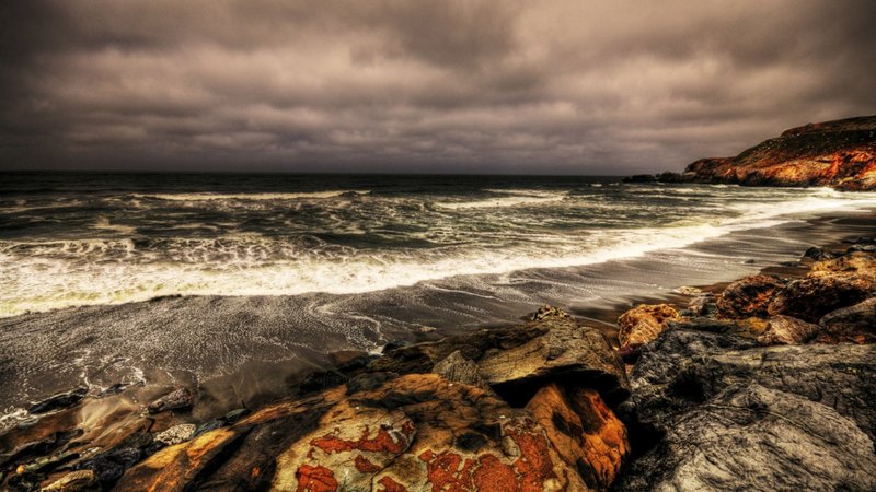 shore, hdr, waves, overcast, hill, sea