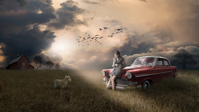 cloud, cowgirl, creative, fantasy, bird, girl, car, lamb, vintage