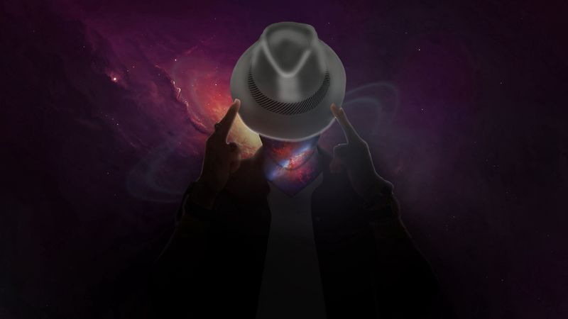 hat, space, surrealism, man, universe, fantasy, 4k