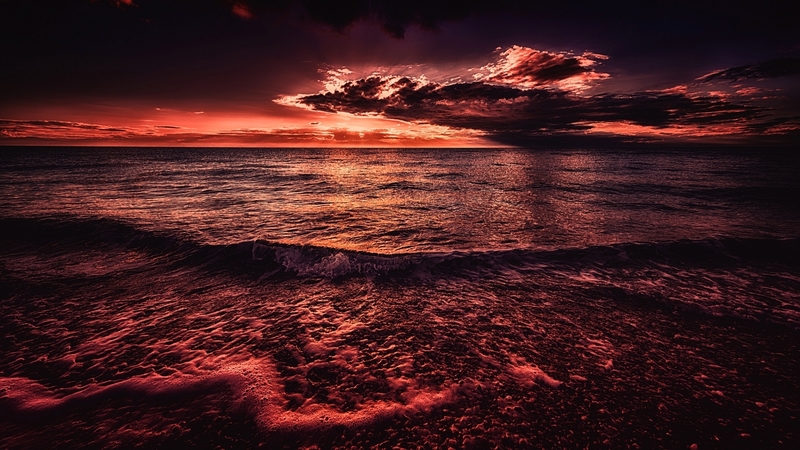 beaches, clouds, oceans, sunsets, nature, dusk