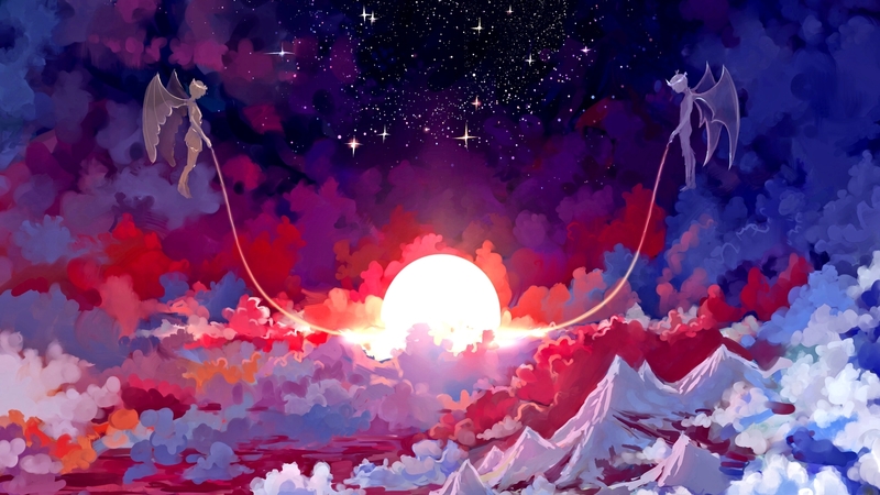 fantasy, sun, mountains, clouds, angels, landscape