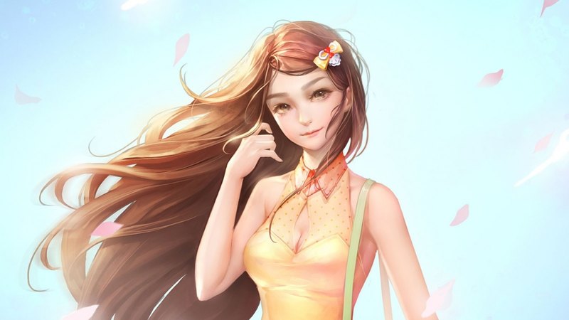art, wind, manga, yellow, woman, girl, anime, petals, blue