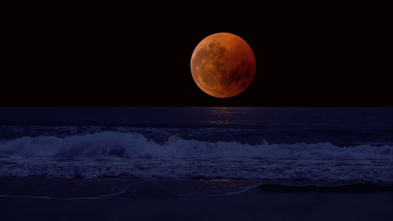 full moon, eclipse, sea, surf, horizon, 4k