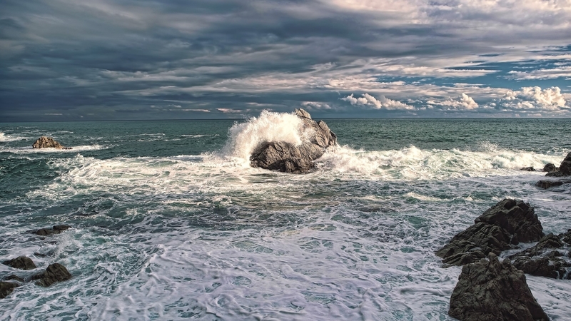 beach, rocks, wave, sea, clouds