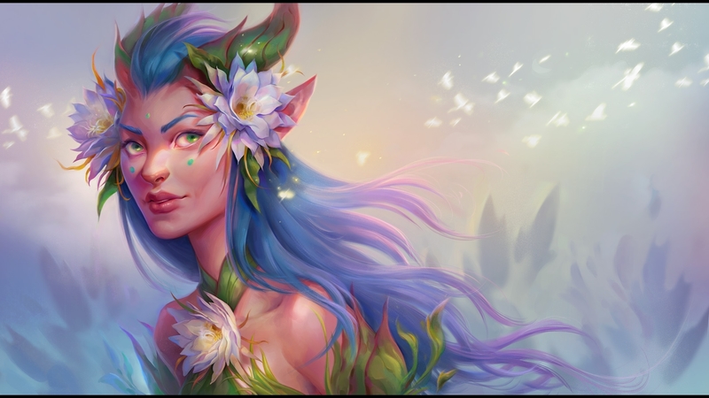 oksana kerro, flower, lady, blue, art, luminos, elf, horns, fantasy, green, girl