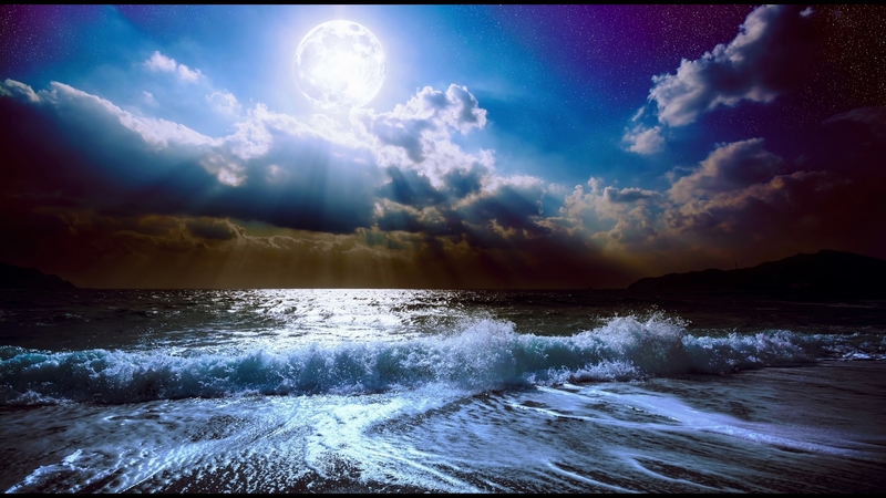 mountain, stars, beach, sand, full moon, waves, clouds, sky, nature