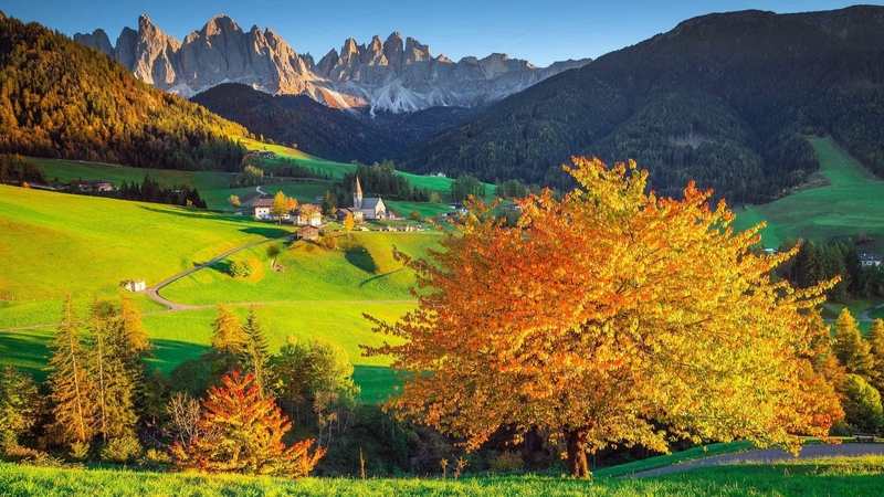 autumn, church, italy, mountains, trees, village
