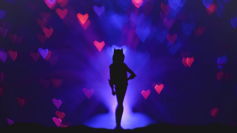 silhouette, glare, bokeh, heart, 4k