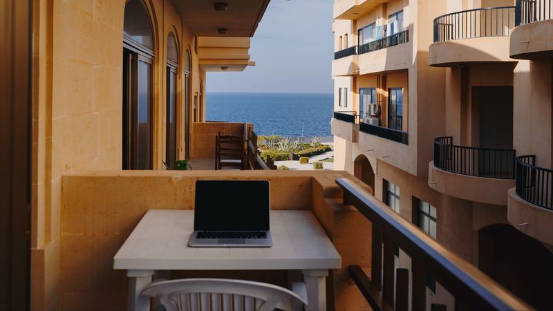 laptop, balcony, rest, work, malta, 4k