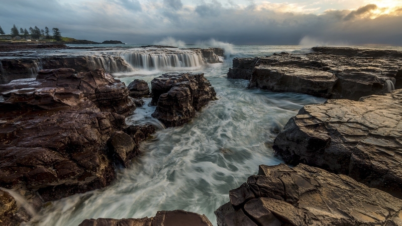 waterfalls, rocks, oceans, nature