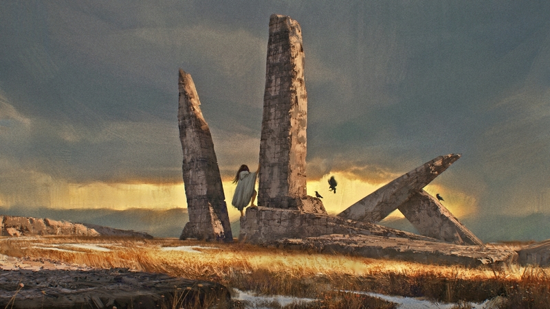 fantasy, stones, girl, crows, ravens, landscape