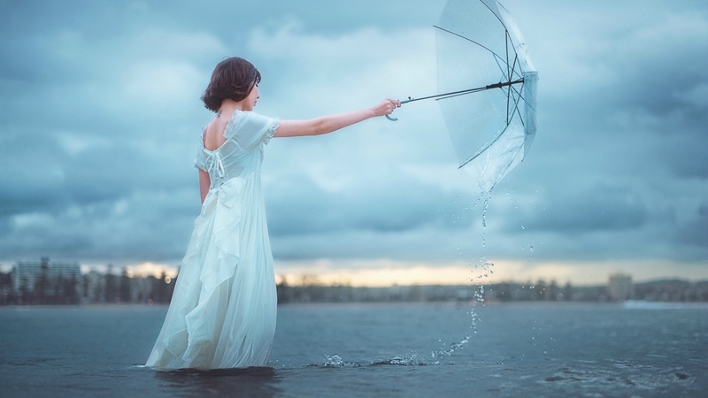 water, umbrella, girl, sky, dress