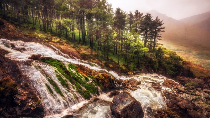 waterfalls, trees, rocks, rivers, hills, nature