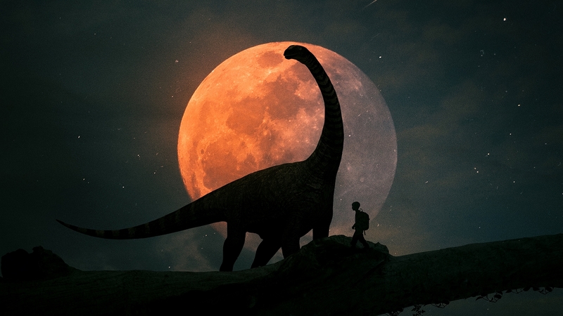 orange, luna, silhouette, thiago garcia, dinosaur, luminos, moon, boy, fantasy, night