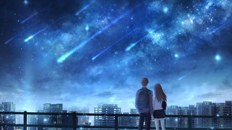 lovers, starfall, starry sky, 4k