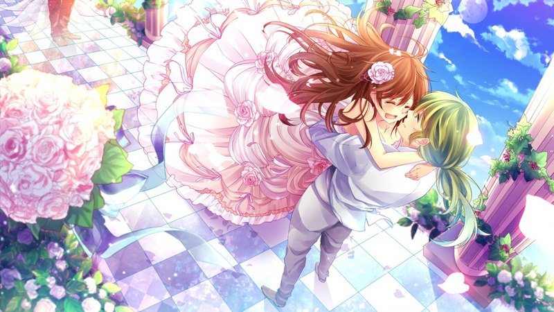 pretty, dress, beautiful, clouds, sweet, anime, love, tears, flowers, beauty, long hair, pink, couple, blue, art, male, lovely, happiness, brown hair, man, smile, sky, cute, girl, green hair, maiden