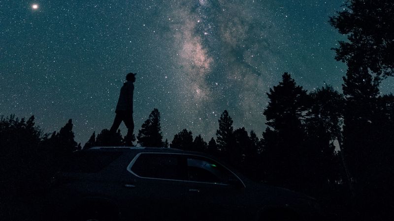 starry sky, silhouette, milky way, car, trees, night, 4k