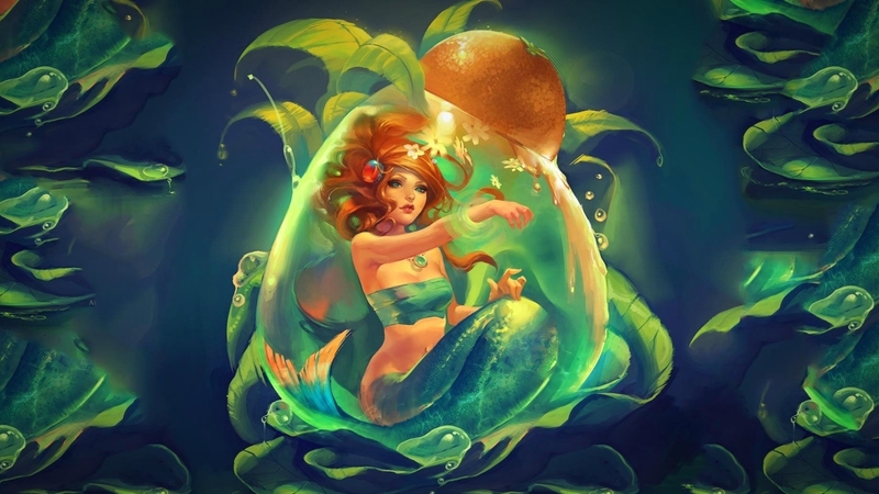 art, luminos, orange, mermaid, sakimichan, fruit, fantasy, girl, green, summer