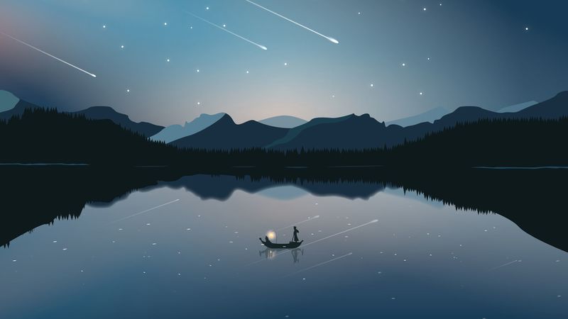 boat, mountains, starfall, art, 4k