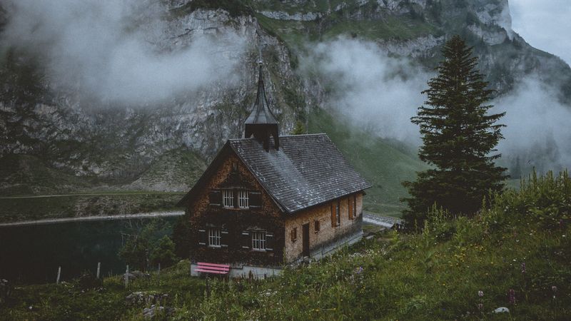 temple, church, lake, mountains, wolfenschiessen, switzerland, 4k