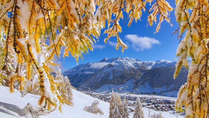 hills, early, beautiful, trees, sky, winter, valley, mountain, snow, village, branches, landscape